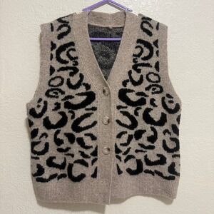 SHEIN Leopard Print Knit Vest Women's Size L Beige Black Button Front Sleeveless